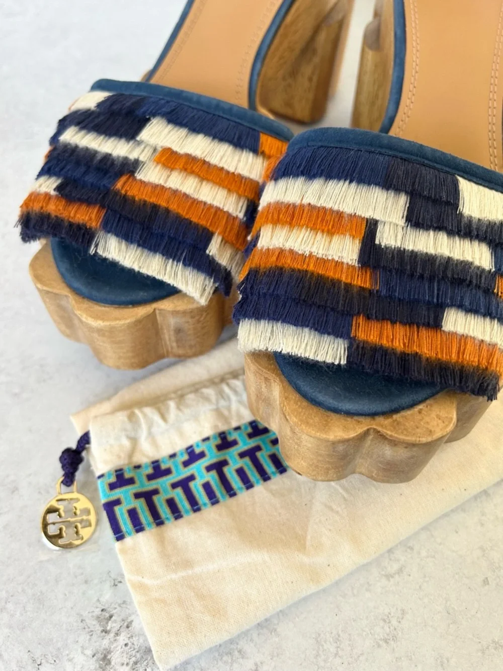 Tory Burch Alma Platform Wooden Block Heel Sandals, Blue Suede 10.5 Like New!